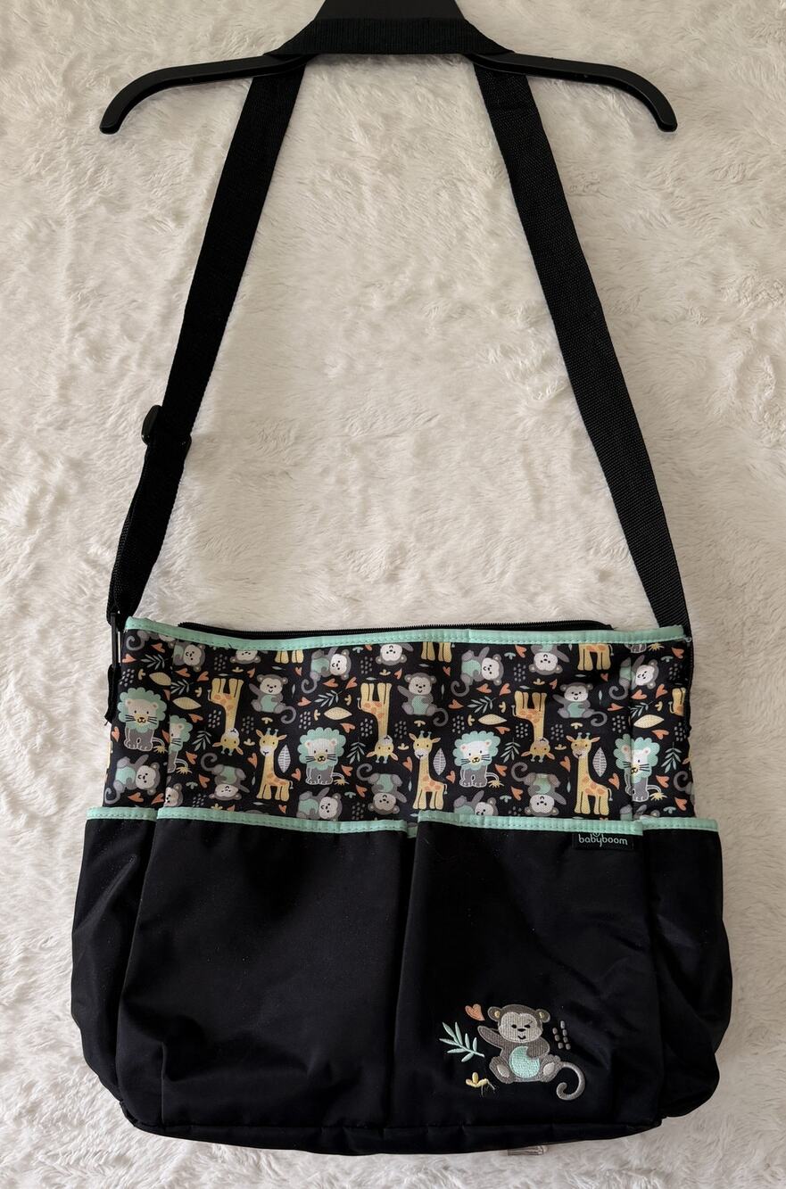 Baby Boom Black Mint Green Jungle Animal Print Monkey Diaper Bag Tote
